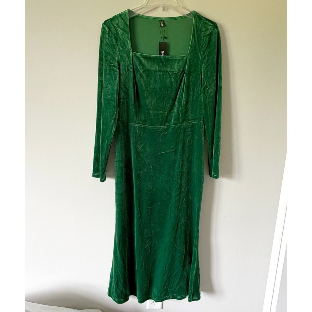 Allegra K Green Velvet Midi Dress Square Neck Long Sleeve Emerald Green NWT M